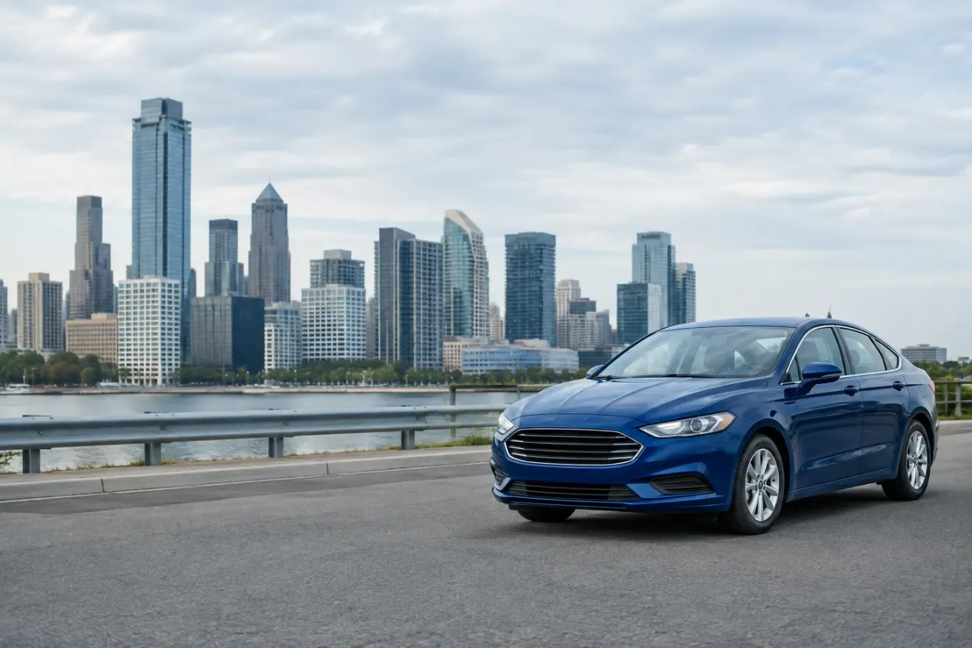 Unbadged blue sedan parked on a lakeside road with a city skyline behind it