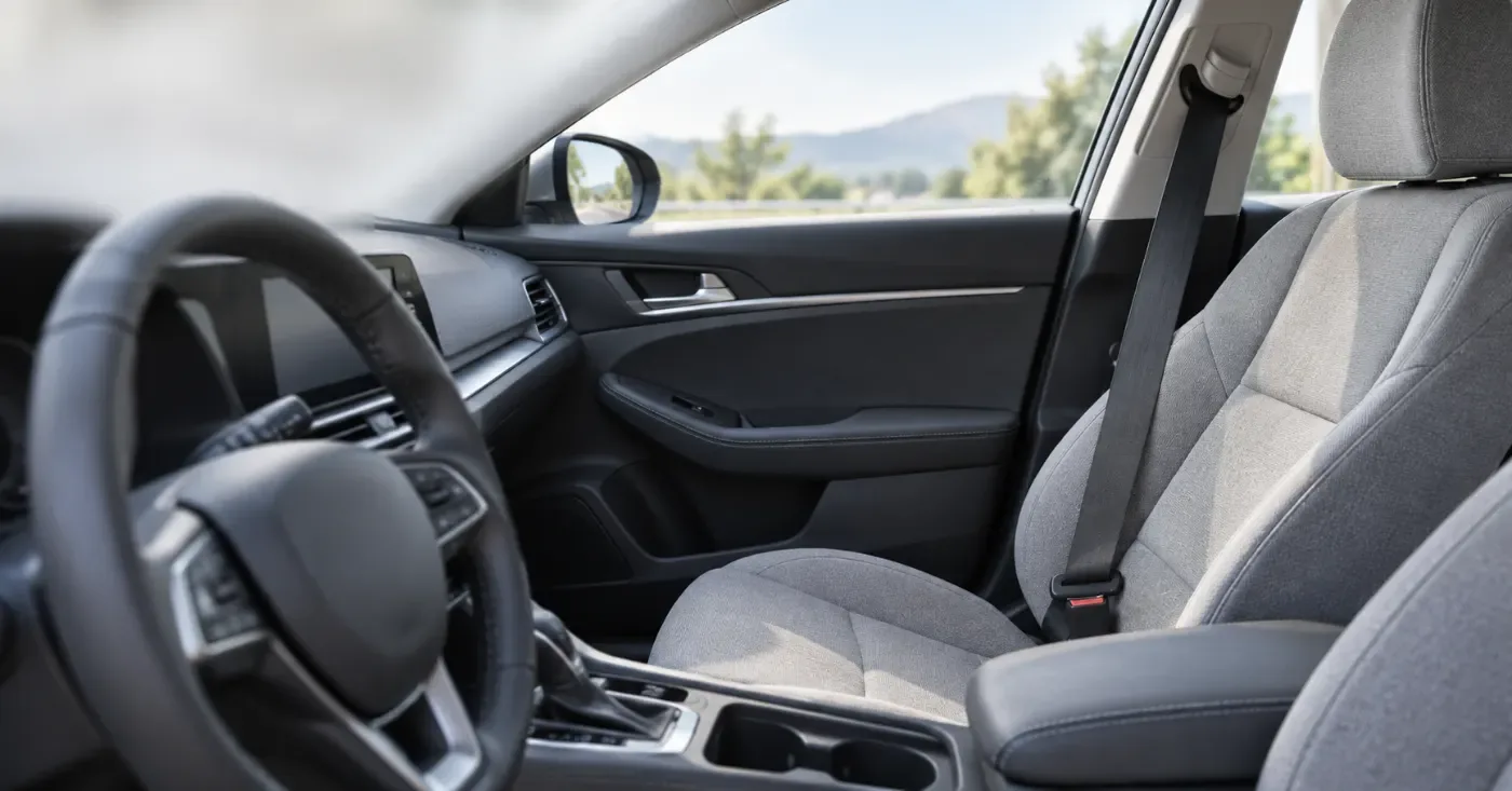 Buckled seat belt across an empty front passenger seat in soft daylight