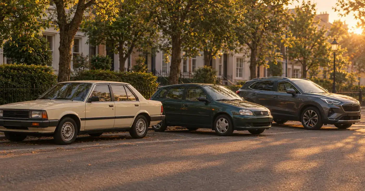 Three unbadged cars from the 1980s, 2000s and today parked in a row on a quiet street at golden hour