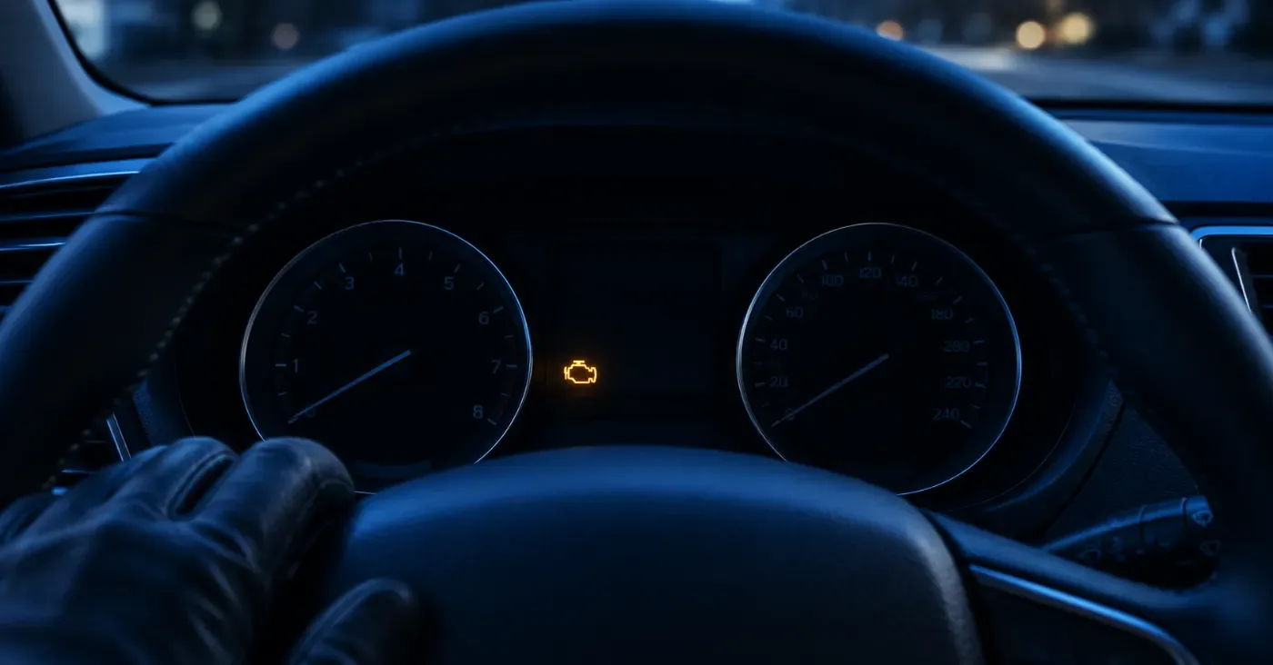 Instrument cluster at night with one amber engine warning light glowing among dark gauges