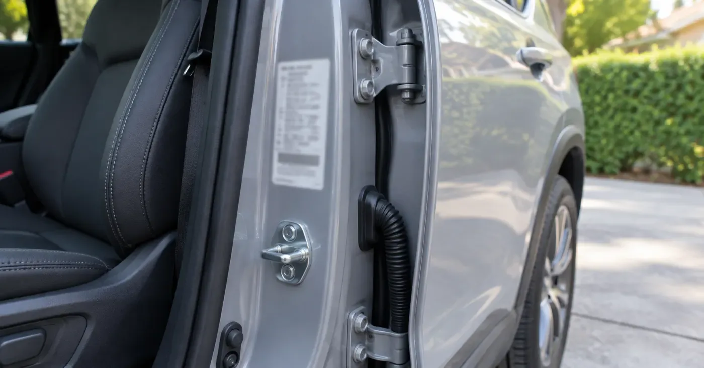 Open driver's door of a silver SUV showing the door-jamb label beside the latch