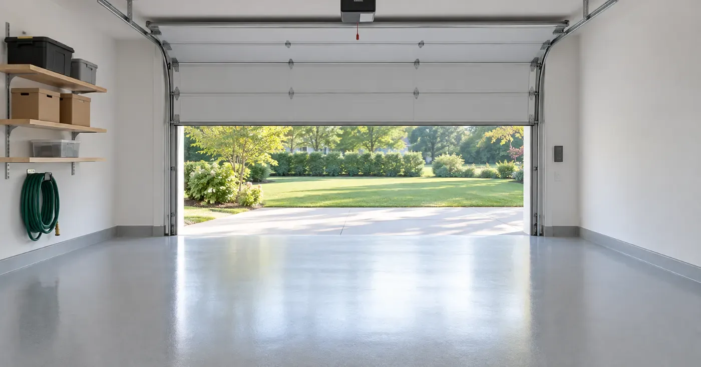 Empty, clean home garage with the door open onto a sunny lawn