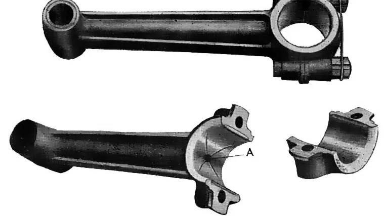 Illustration of two engine connecting rods, one with its big-end bearing cap removed to show the bearing surface