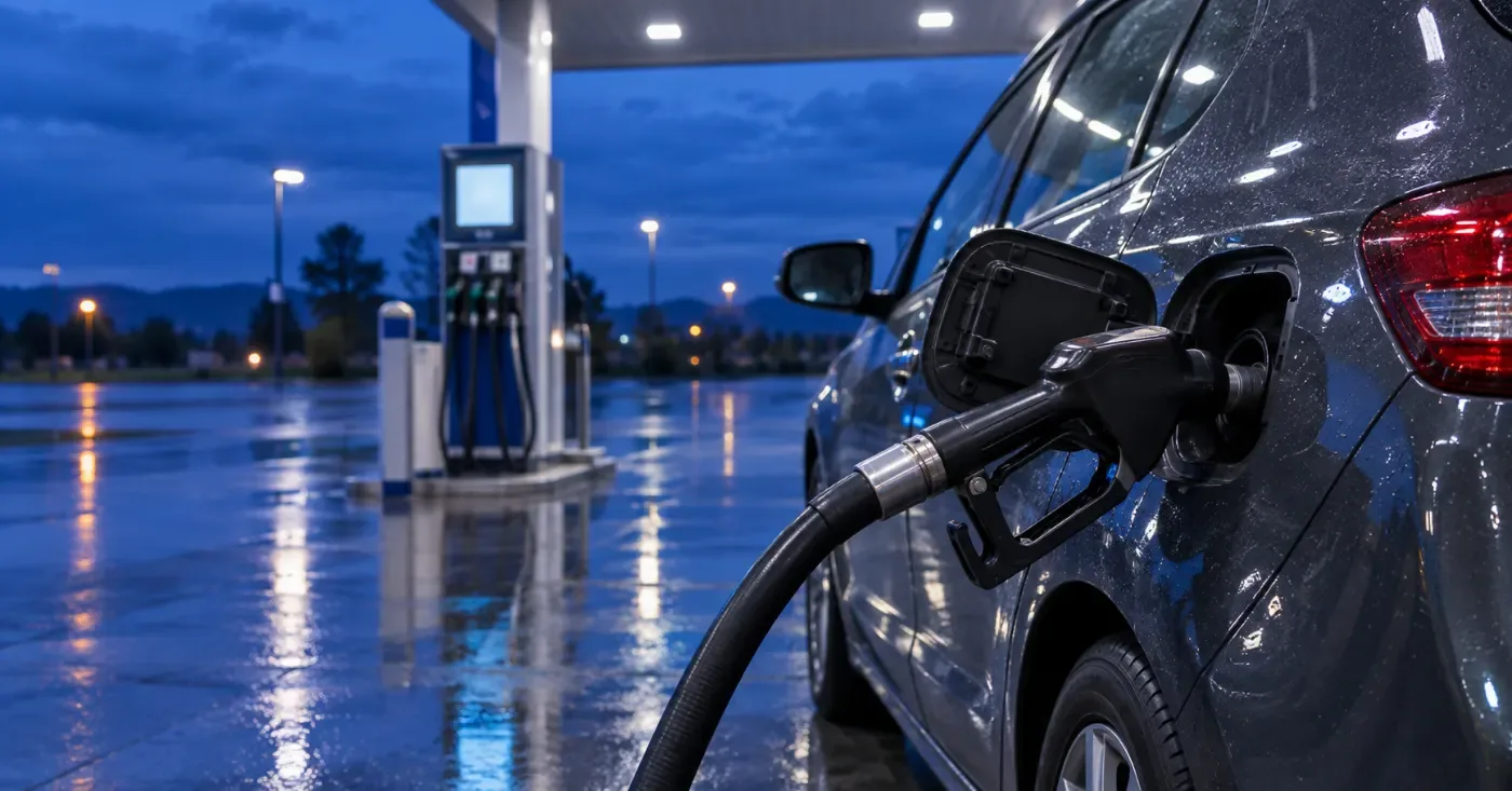 Fuel nozzle in the filler of a dark grey hatchback at a modern gas station at dusk