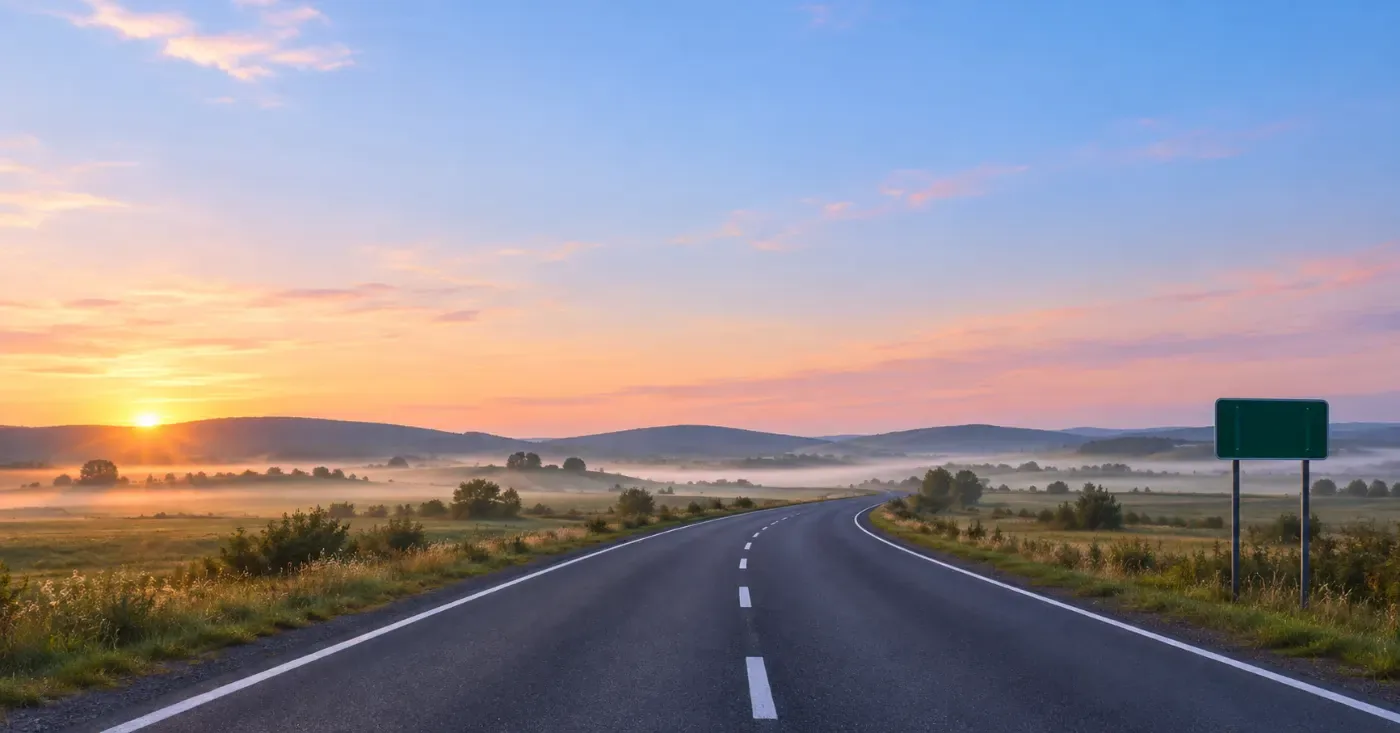 Empty two-lane highway curving through open countryside at sunrise toward low hills
