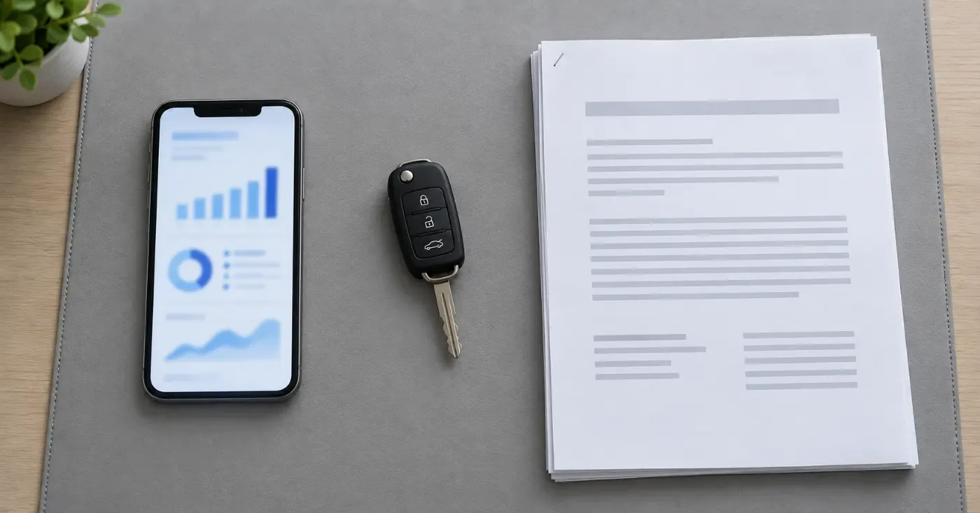 Phone showing a chart next to a car key and a printed vehicle report on a grey desk mat