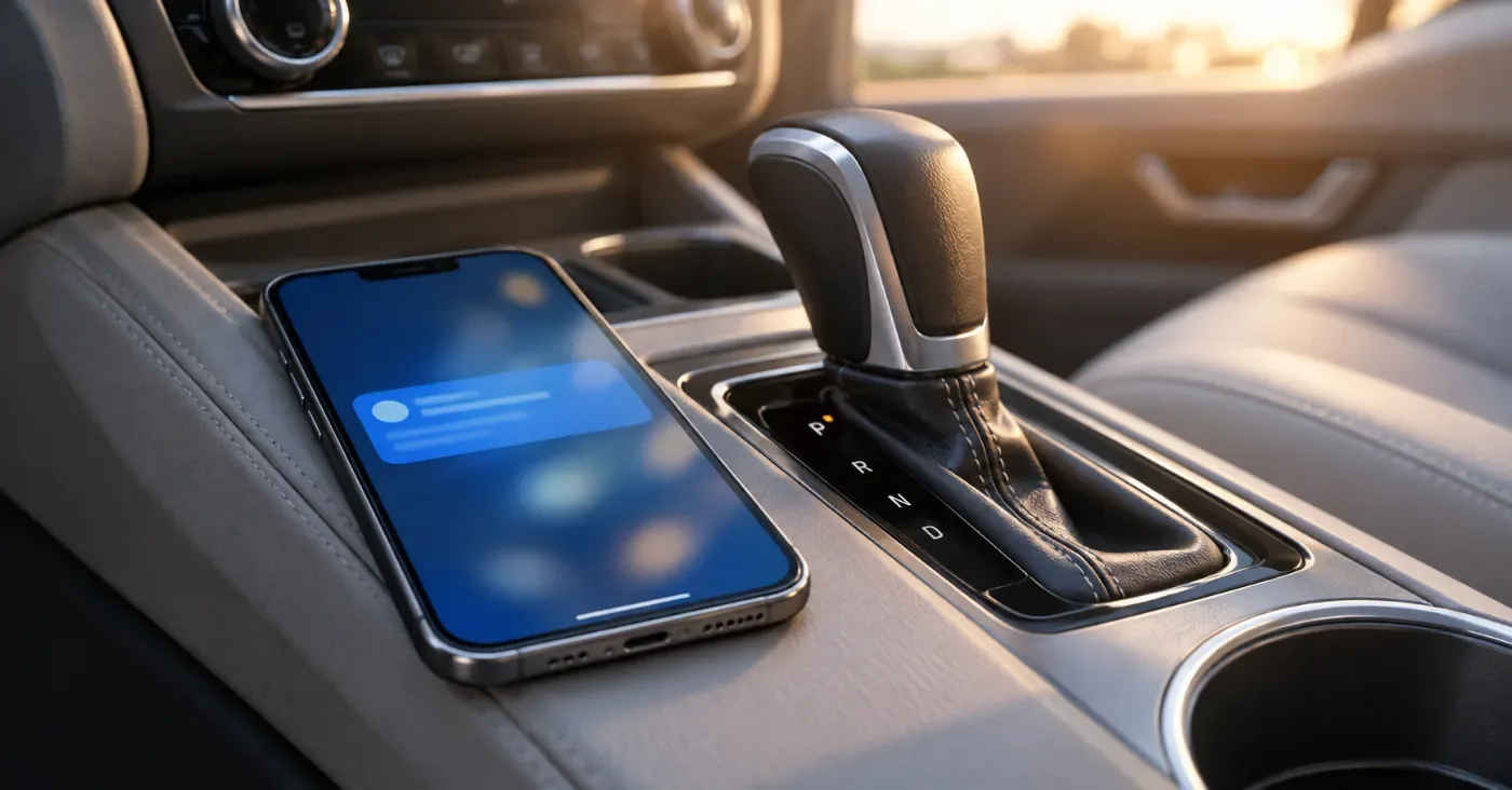 Smartphone showing a notification on a car's center console beside the gear selector at sunset