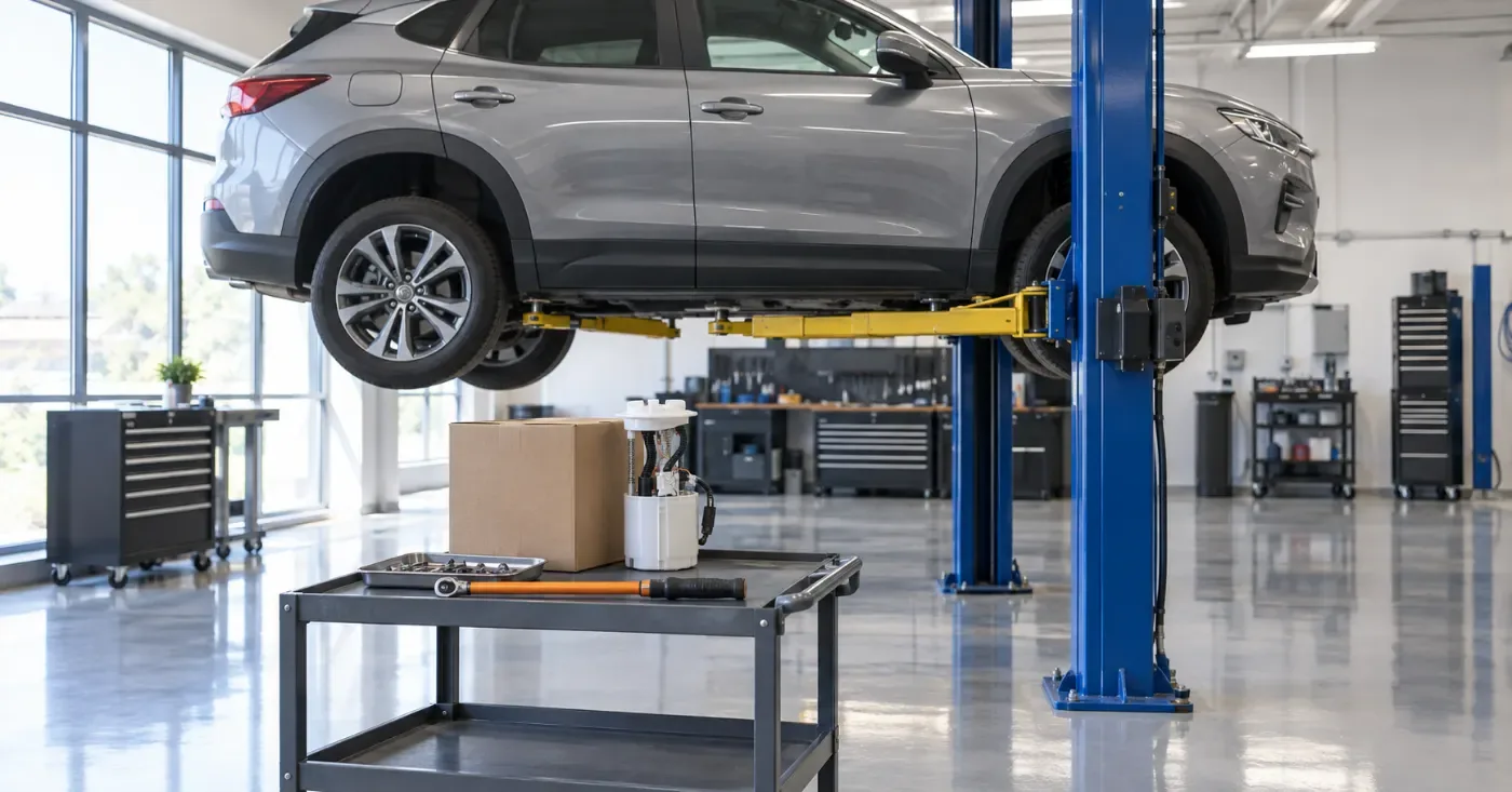Compact SUV raised on a two-post lift in a bright service bay, with a parts tray beneath it