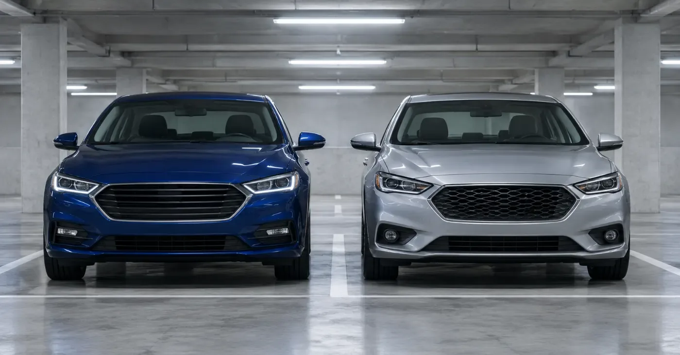 Two sedans, one blue and one silver, backed into side-by-side spaces in a bright underground parking garage