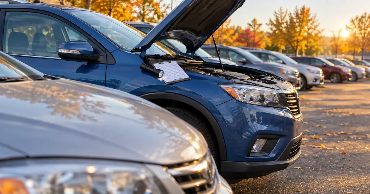 Blue SUV with its hood open on an autumn used-car lot, with a clipboard checklist and flashlight on the fender