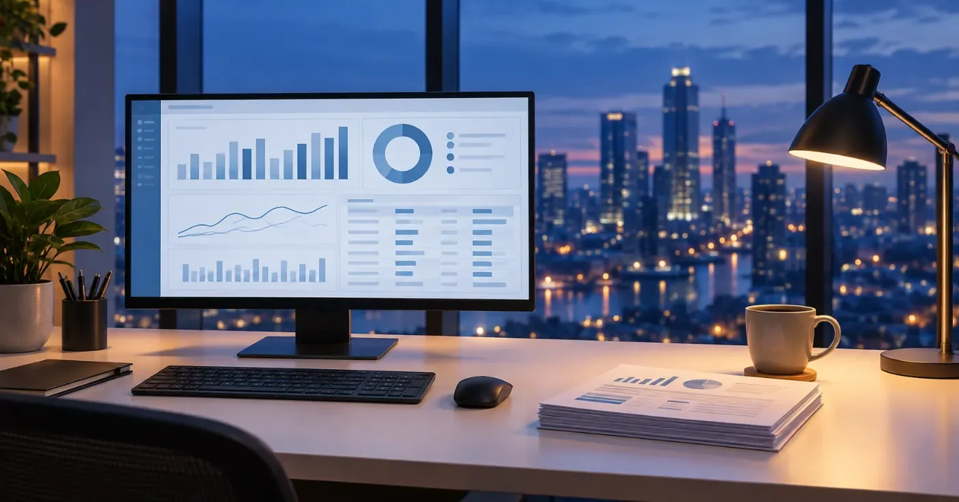 Desktop monitor showing bar and donut charts beside printed reports, overlooking a city skyline at dusk