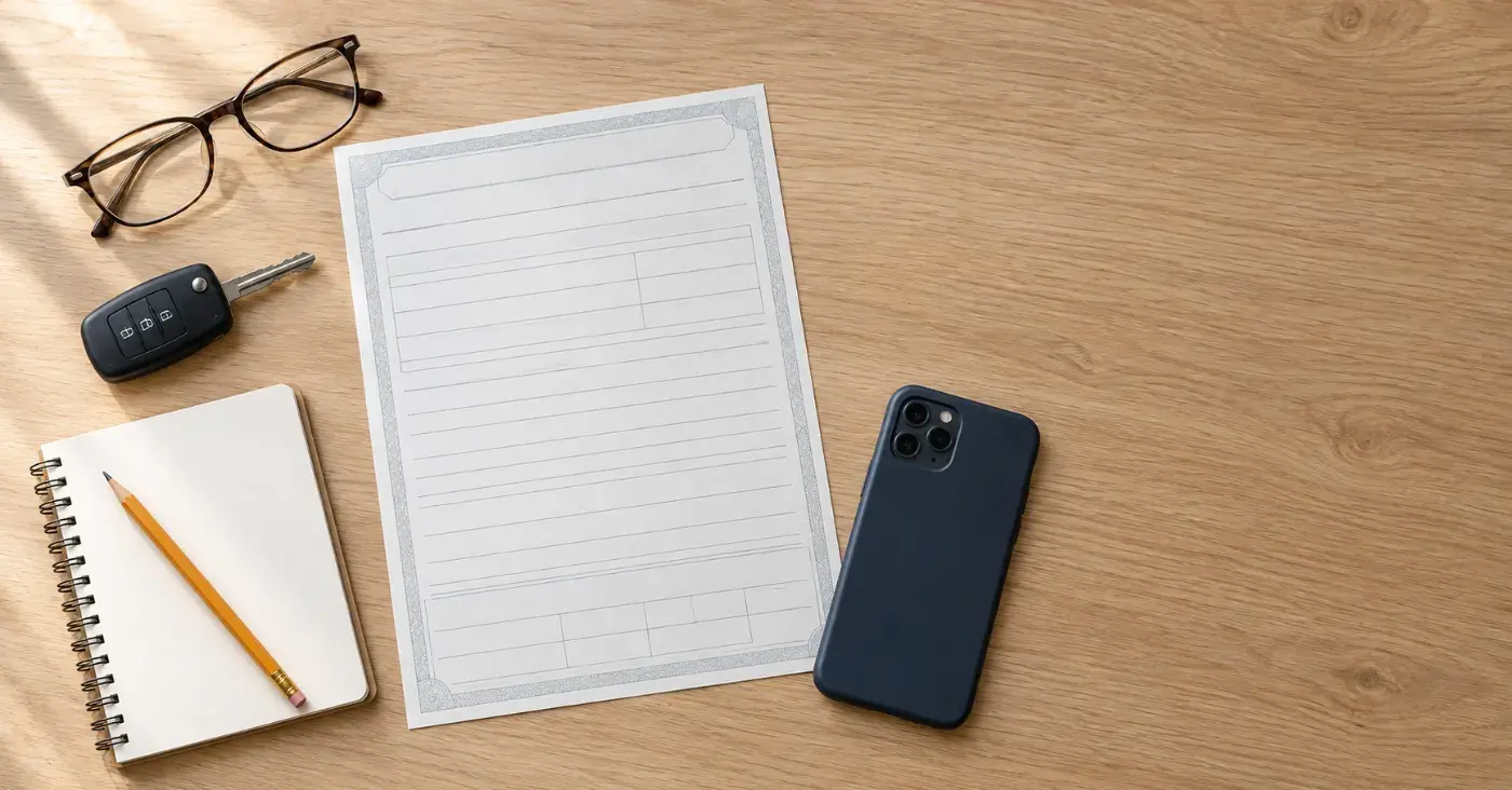 Blank vehicle title form on a desk beside a key fob, reading glasses and a notebook