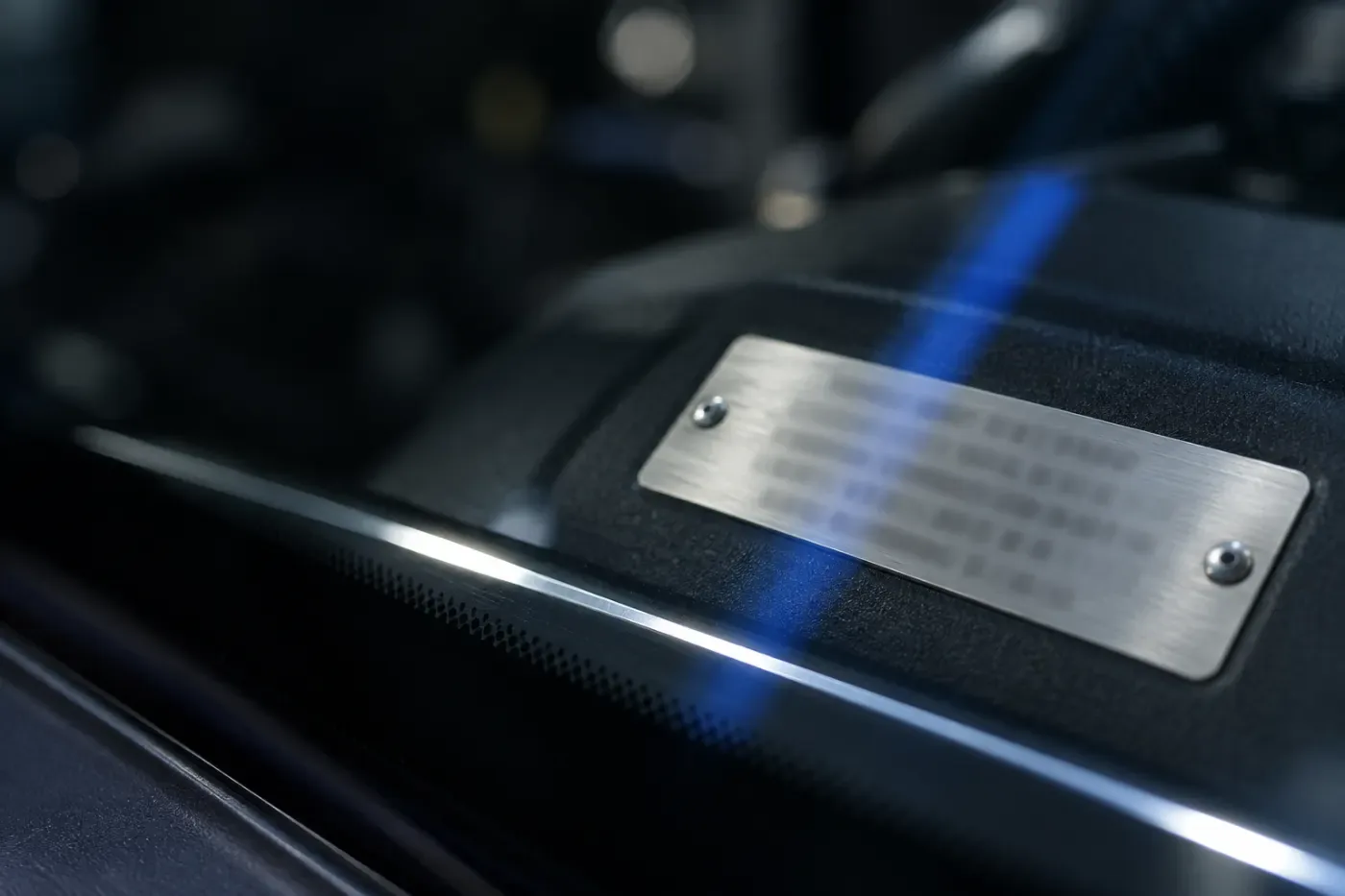 Brushed metal VIN plate on a dark dashboard with a streak of blue light across it