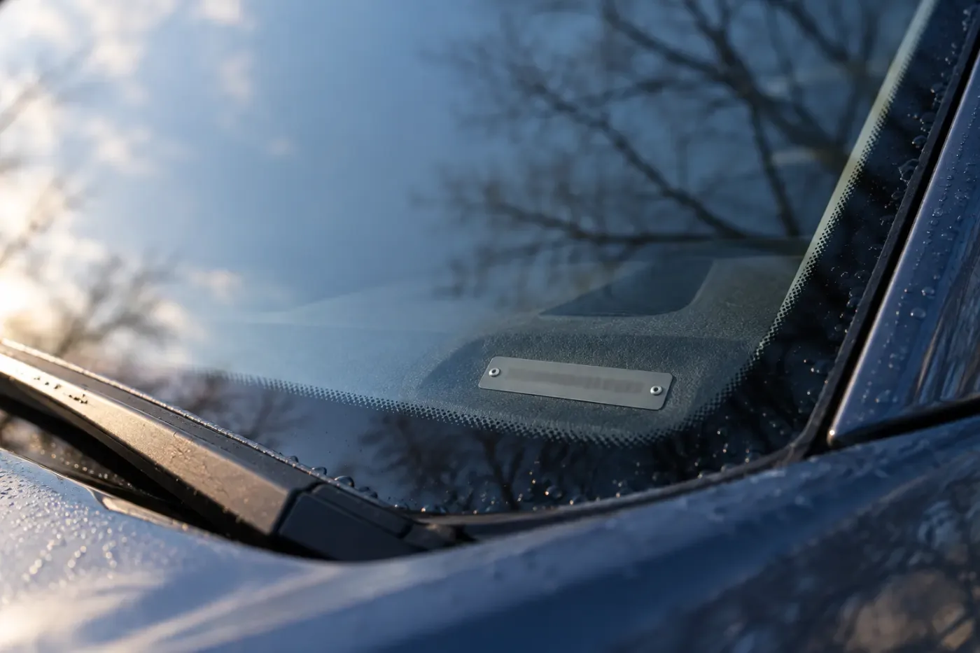 VIN plate visible through the lower driver-side corner of a windshield
